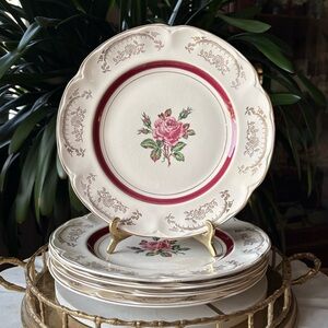 1940’s Set of 5 Rideau Pottery Byron 10” Dinner Plates - Gold Brocade + Roses